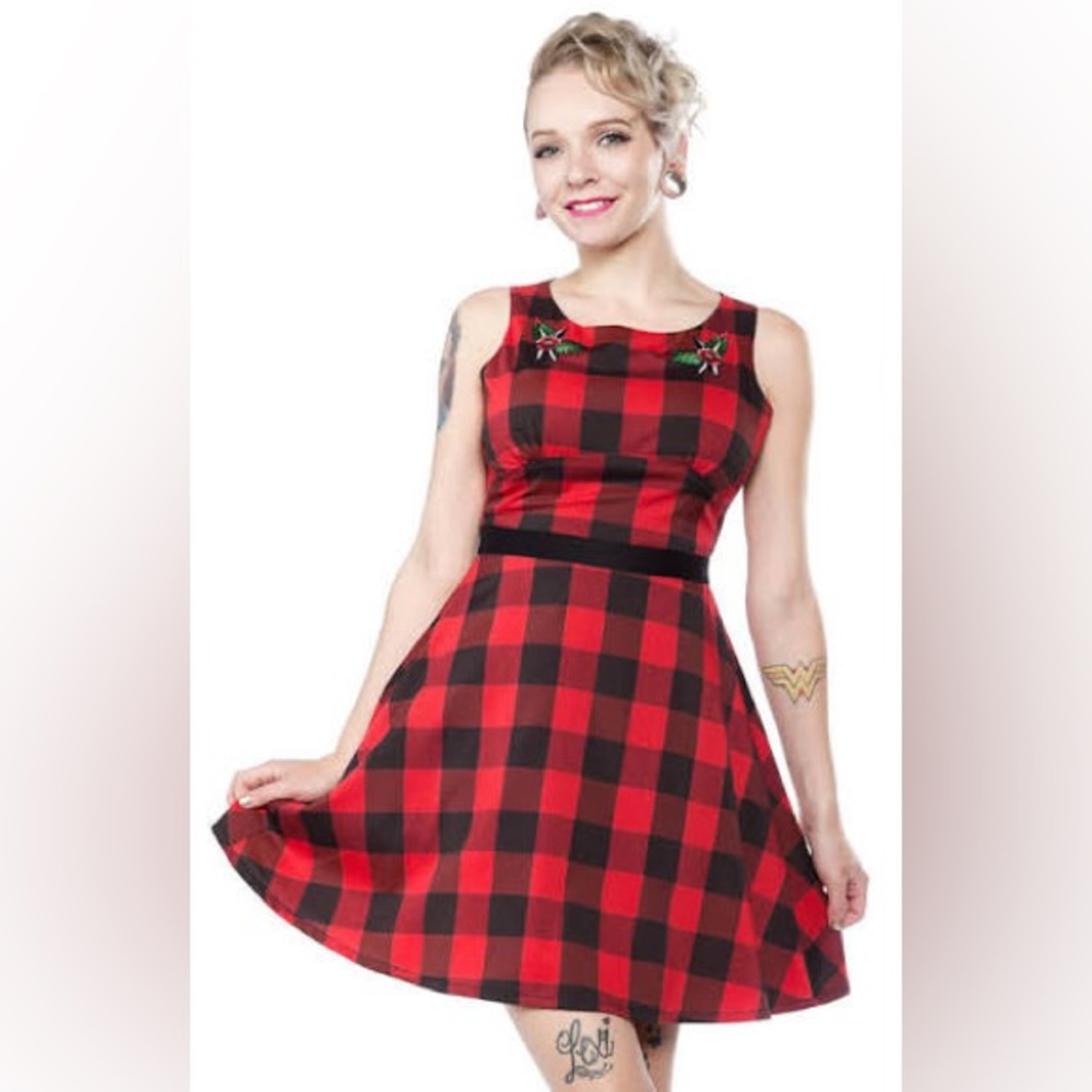 Sourpuss rare discontinued black red plaid/check dress small embroidered